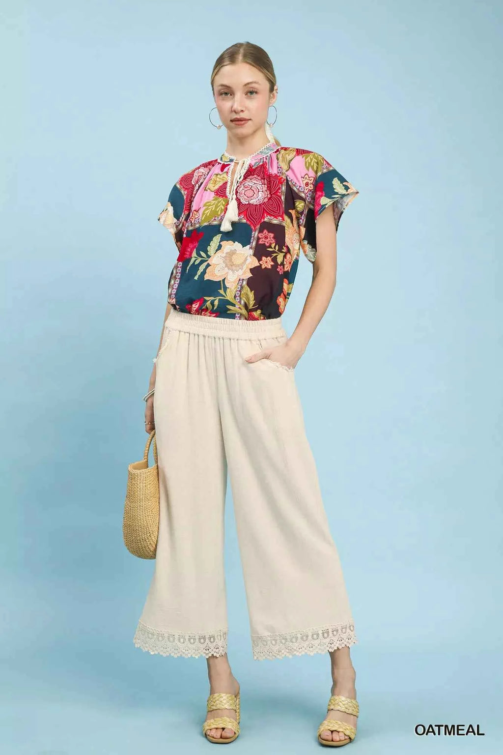 Umgee Linen Pants Beige Wide Leg Cropped with Lace Trim Elastic Waist 002cb17e-ffd8-49c0-a650-66236154fd9d-Max-Origin Trendsi