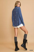 Umgee Shirt Linen Blend Fitted with Ribbon Embroidery Denim Blue Top 002e8dc9-7d64-45b3-86e0-e0b2fec9f679-Max-Origin Trendsi