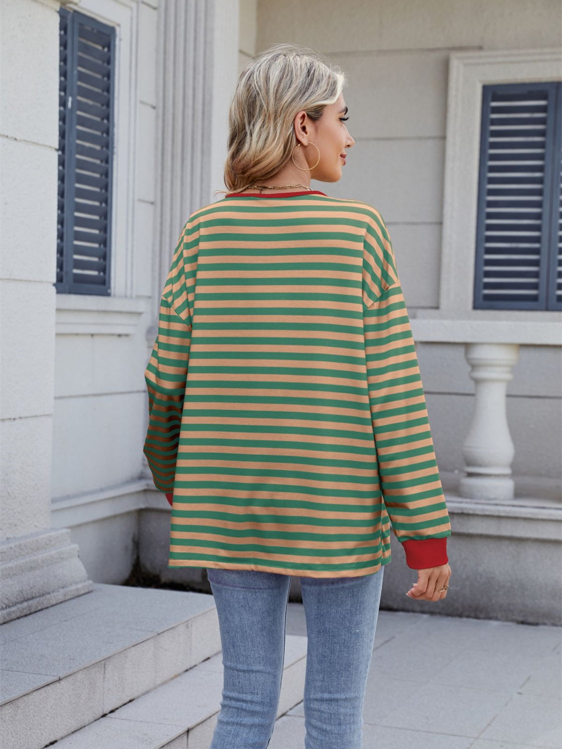 Striped T-Shirt Lace-Up Crisscross V Neck Long Sleeve Blouse Top 003056c7-37fd-4f2e-af43-d1c7d01bfa32-Max Trendsi