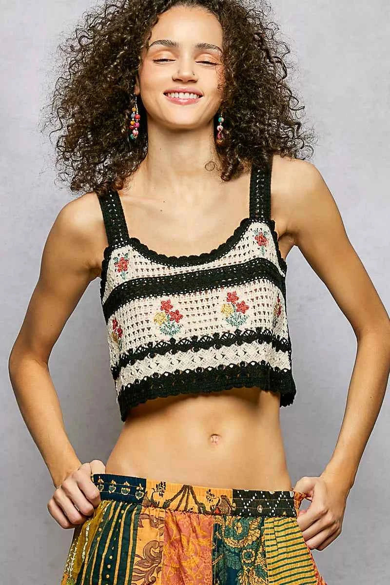 POL Crochet Cami Floral Embroidered Cropped with Scalloped Hem Black Multi 00329f8a-c977-49a7-bf39-2c7d4d373f07-Max-Origin Trendsi