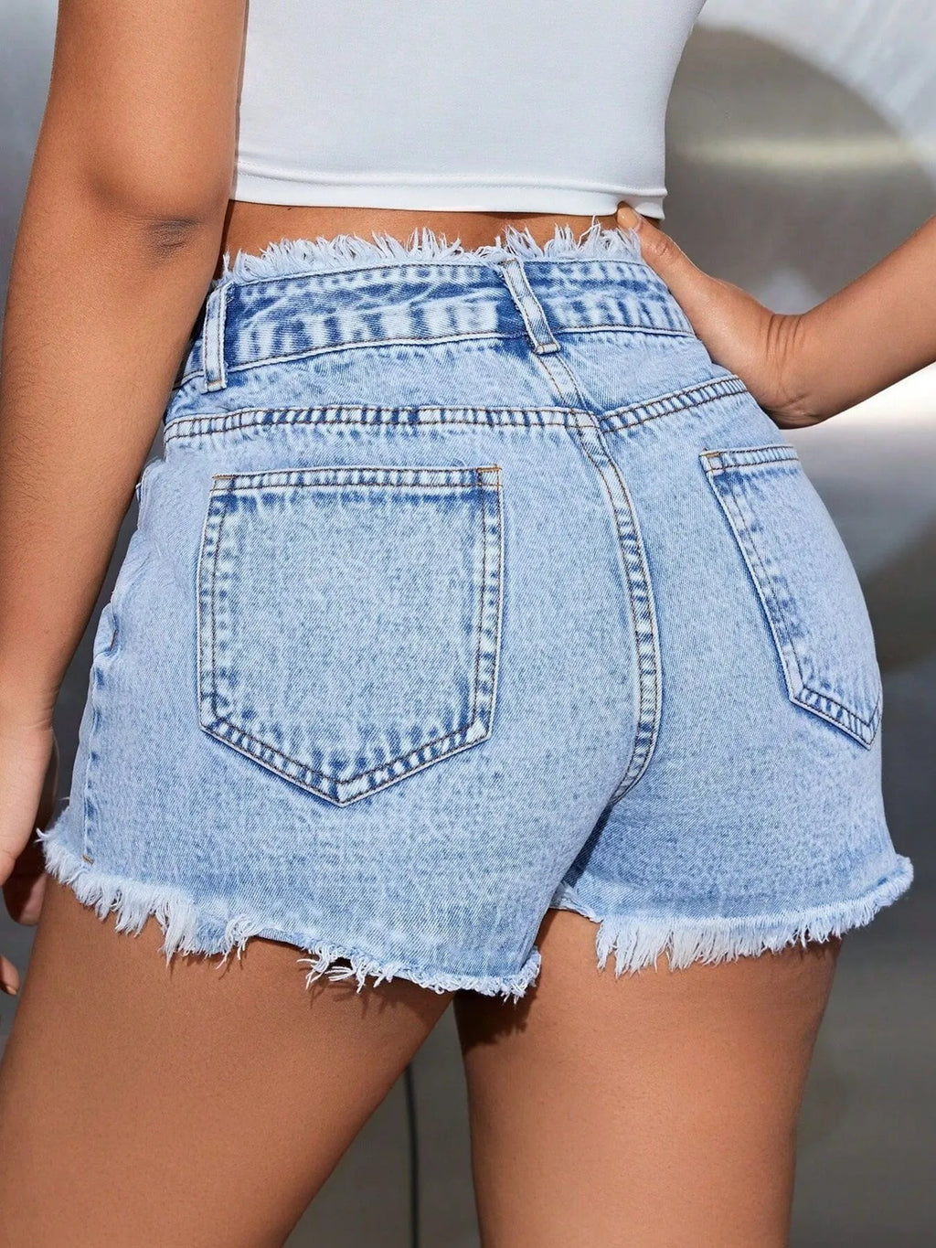 Women's Denim Shorts High Waisted Frayed Hem Blue Denim 00360b21c1ae420ca60cc2d00667e163-Max-Origin Trendsi