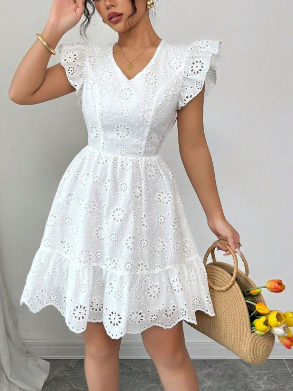 Eyelet Ruffle Sleeve Mini Dress