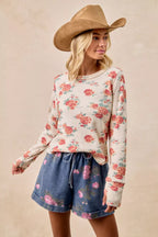 BiBi Womens Knit Top Floral Print Washed Waffle Thermal Blouse 004e396b1d5843228023a317e9e23013-Max-Origin Trendsi
