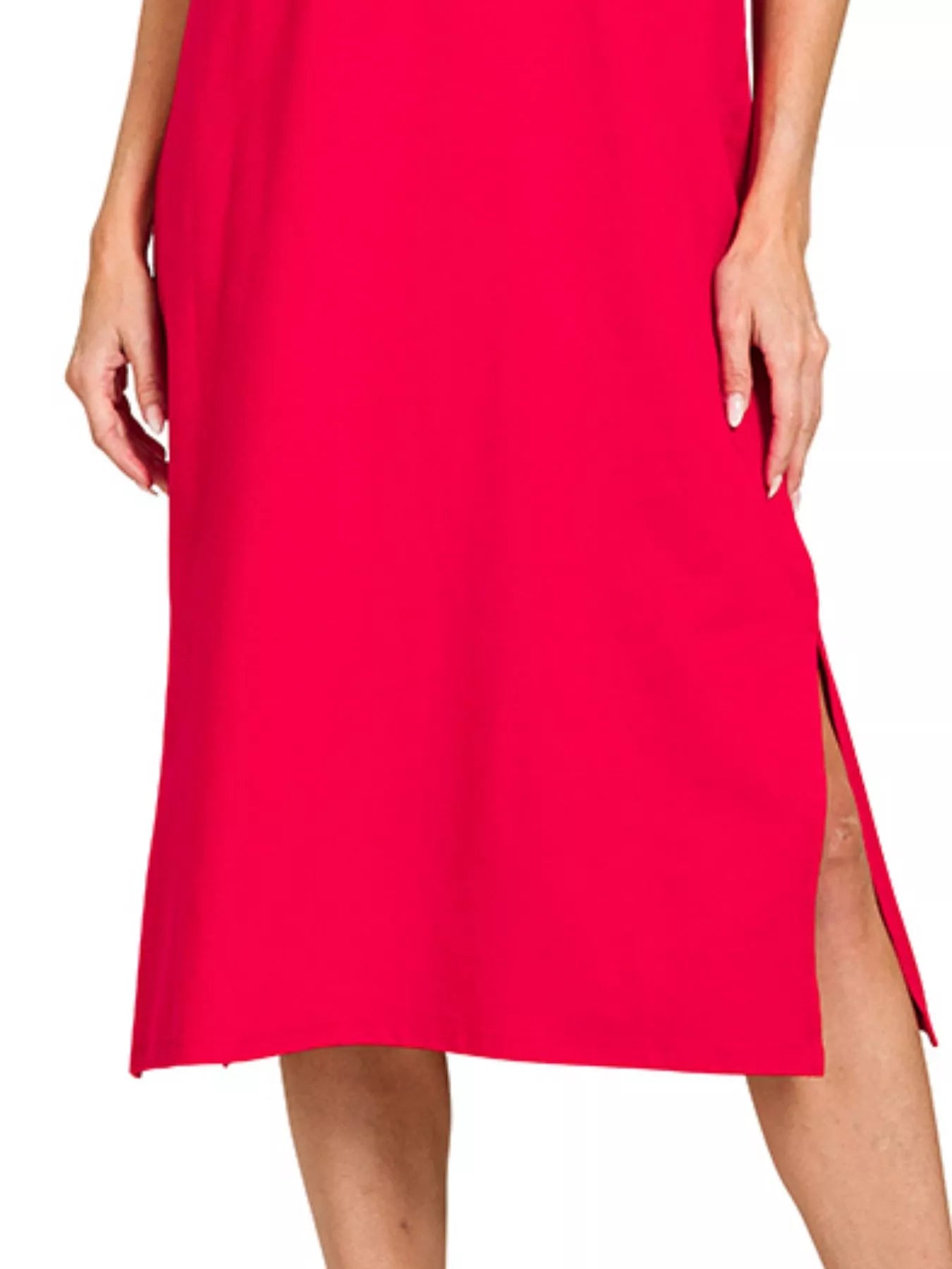 Zenana Midi Dress Ruby Red Round Neck Side Slit Short Sleeve 0055eb37-78ba-4e48-be18-c3f187e9610e-Max-Origin Trendsi
