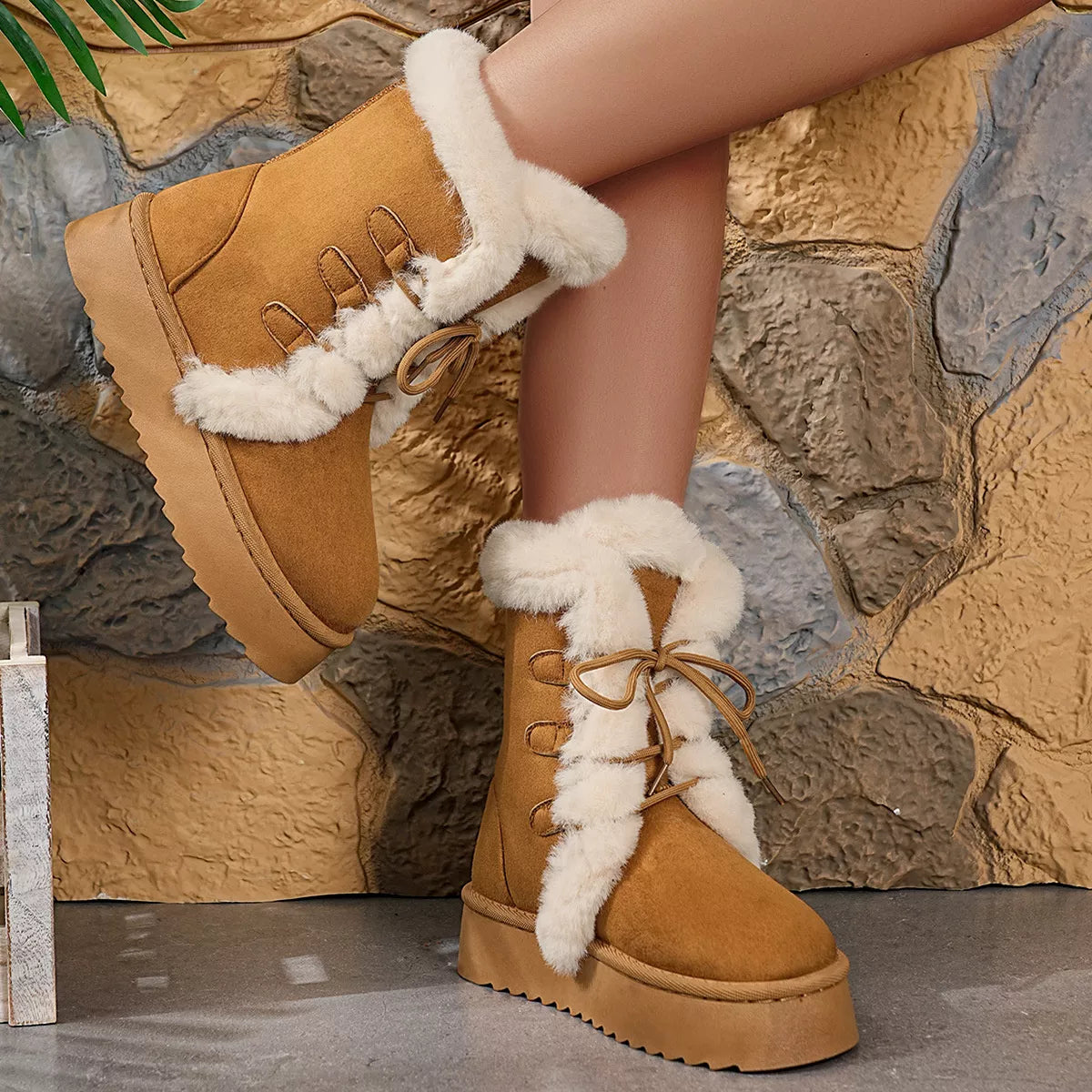 Women's Boots Faux Suede Fluff Lined Lace Up Round Toe Platform Mid Heels Camel 006ad0565b9d42379e19bade892a0771-Max-Origin Trendsi