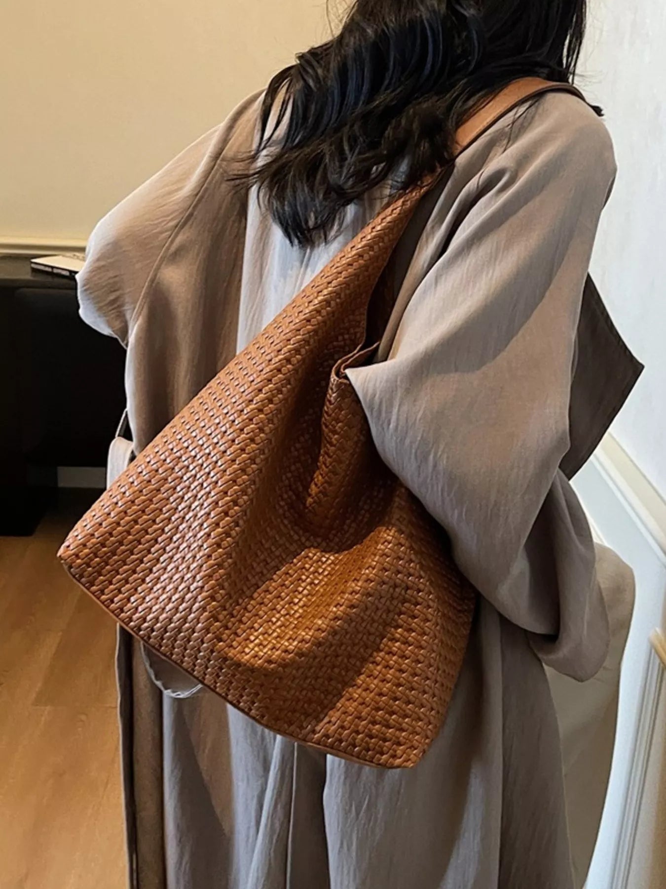 Womens Shoulder Bag Woven Straw Texture Pu Leather Large Handbag Ochre onesize 0070d8c986304dc886064c8e2066f6d5-Max-Origin Trendsi