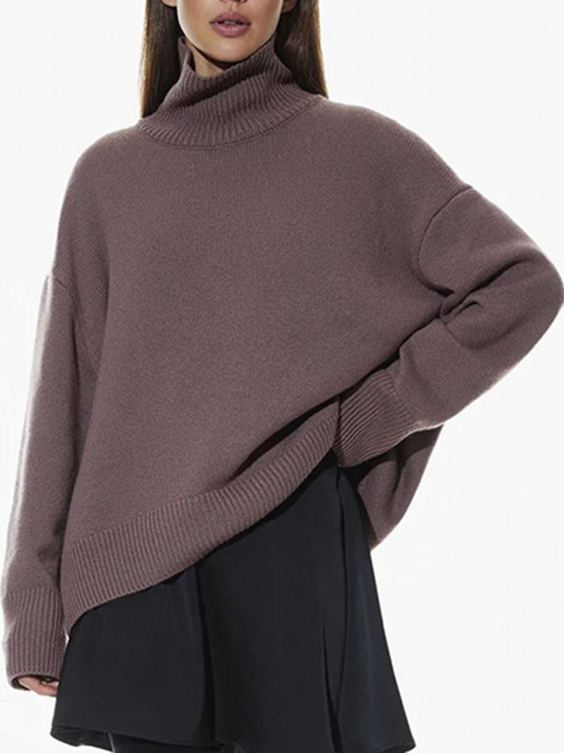 Ribbed Women Sweater Turtleneck Long Sleeve Soft Acrylic Loose Basic Pullover