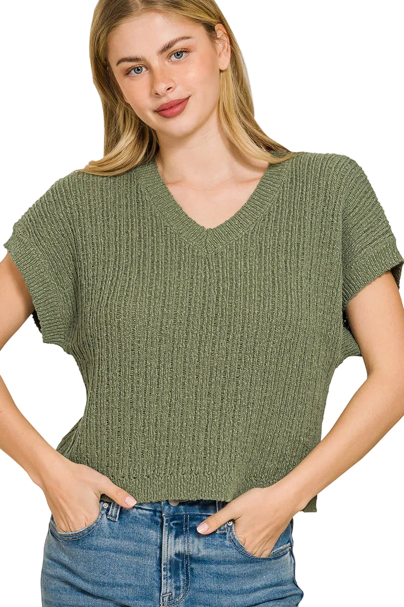 Zenana Textured Knit V-Neck Cropped Sweater