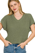 Zenana Textured Knit V-Neck Cropped Sweater