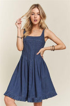 ADORA Denim Dress Smocked Back Square Neck Strappy Pleated DENIM BLUE 007c2670-0b9c-4cac-99be-416320fd857d-Min Trendsi