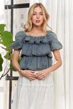 ADORA Ruffle Blouse Denim Washed Layered Short Puff Sleeve Top 007d2265f5684efca1c5d4d0c0dc43b3-Max-Origin Trendsi
