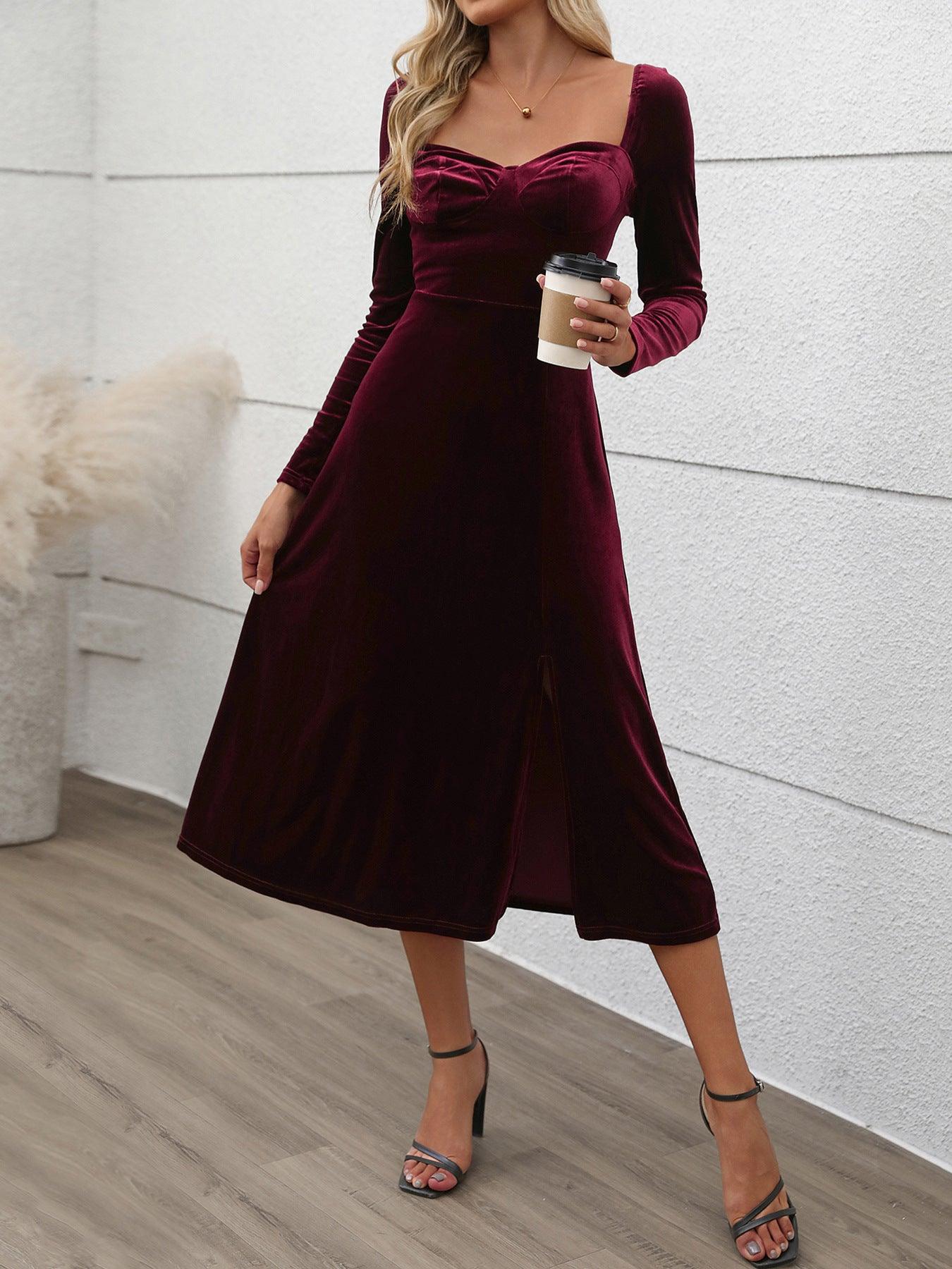 Perfee Burgundy Midi Dress Sweetheart Neck Long Sleeve Stretch