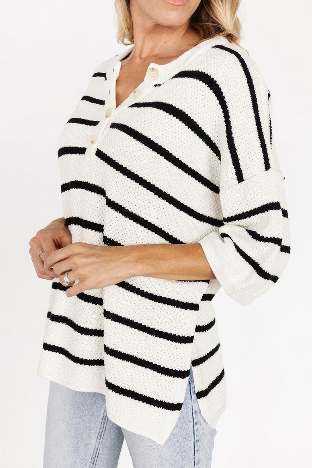 Stripe Knit Top Women's Collared Button Drop Shoulder Side Slit Long Sleeve 007fe5cb-deae-49ac-b950-56882b7101af-Max Trendsi