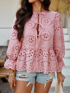 Crochet Blouse Ruffle Tie Front Flounce Long Sleeve Peplum Cut Out Embroidered 0082a73d-2c21-4076-a722-a473812a3636-Max Trendsi