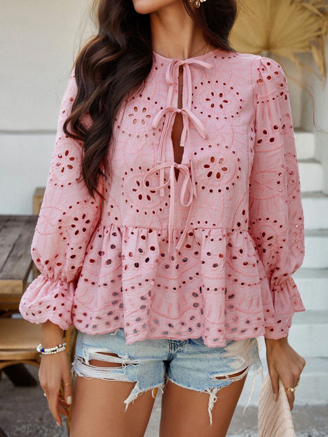 Crochet Blouse Ruffle Tie Front Flounce Long Sleeve Peplum Cut Out Embroidered 0082a73d-2c21-4076-a722-a473812a3636-Max Trendsi
