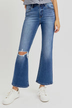 RISEN Distressed Jeans High Rise Crop Flared Women's Denim Blue Pants Dark 00887081-f13c-4d05-b2ef-ab8d9ae2f21a-Max Trendsi