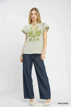 Umgee Blouse V-Neck Avocado Green Stripe Embroidered Top with Lace Trim 008d151d-6910-4519-bb60-09478034b2d2-Max-Origin Trendsi