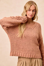BiBi Womens Sweater Chunky Knit with Flower Detail Sleeves Peach 008d5da01ce6447e8ff920dfdf969ece-Max-Origin Trendsi