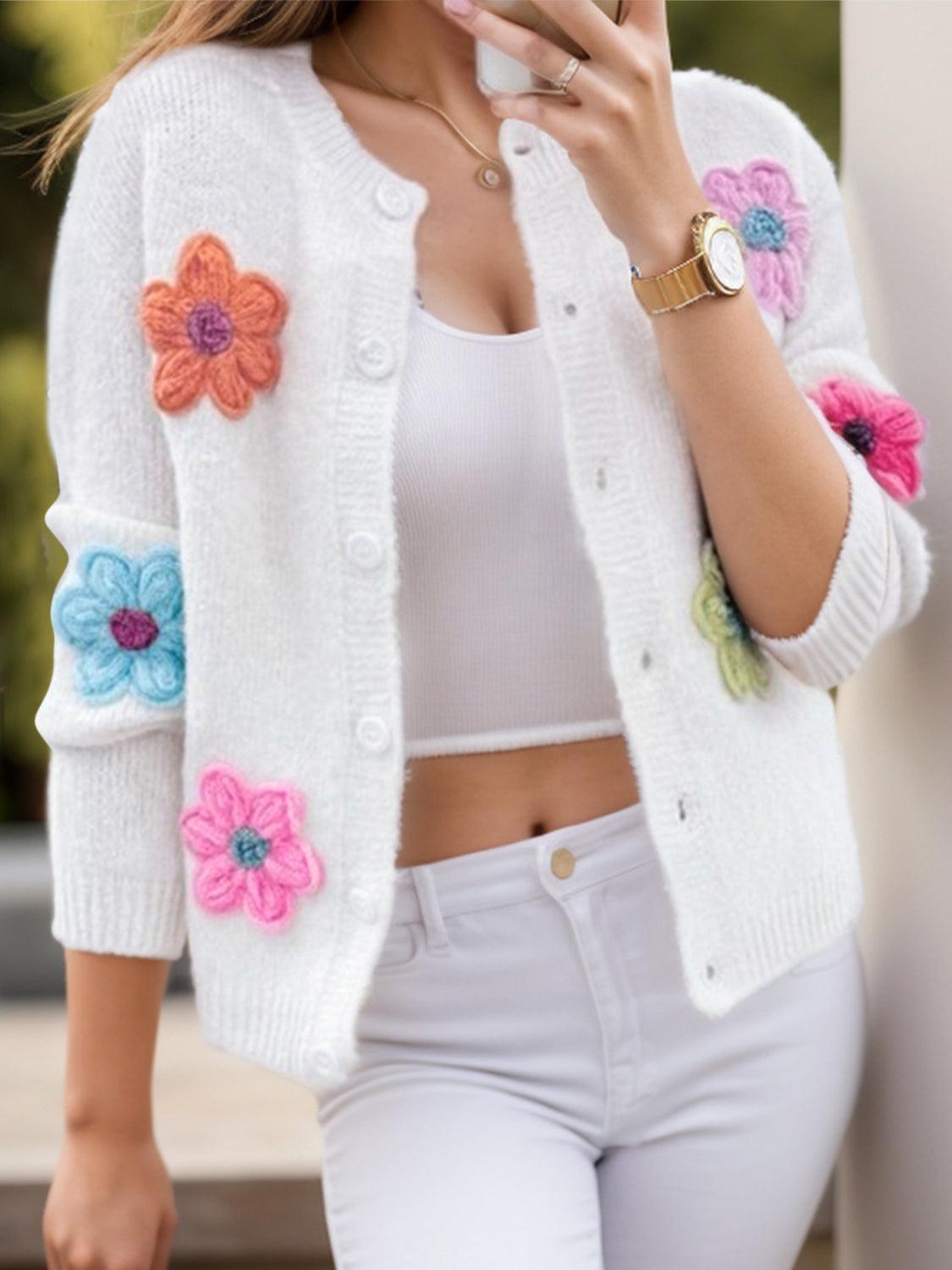 Floral Knit Cardigan Flower Dropped Shoulder Long Sleeve Sweater White 0090ba6a-70e8-471a-8b8e-13b8ebc0bd24-Max Trendsi