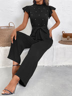 Black Jumpsuit Pearl Detail Ruffled Cap Sleeve Bow Tied Belted One-piece 009398d558e848539edc9d80da883253-Max-Origin Trendsi