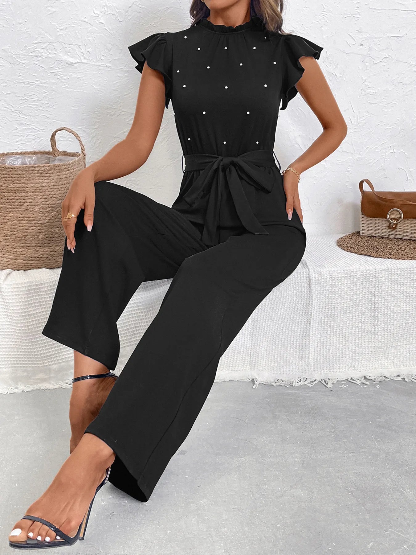 Black Jumpsuit Pearl Detail Ruffled Cap Sleeve Bow Tied Belted One-piece 009398d558e848539edc9d80da883253-Max-Origin Trendsi