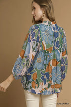 Umgee Blouse Green Floral Multicolor Abstract Print with Ruffle Neck Top 009455f1-ab1a-4c41-87b3-cb6d154fba6f-Max-Origin Trendsi