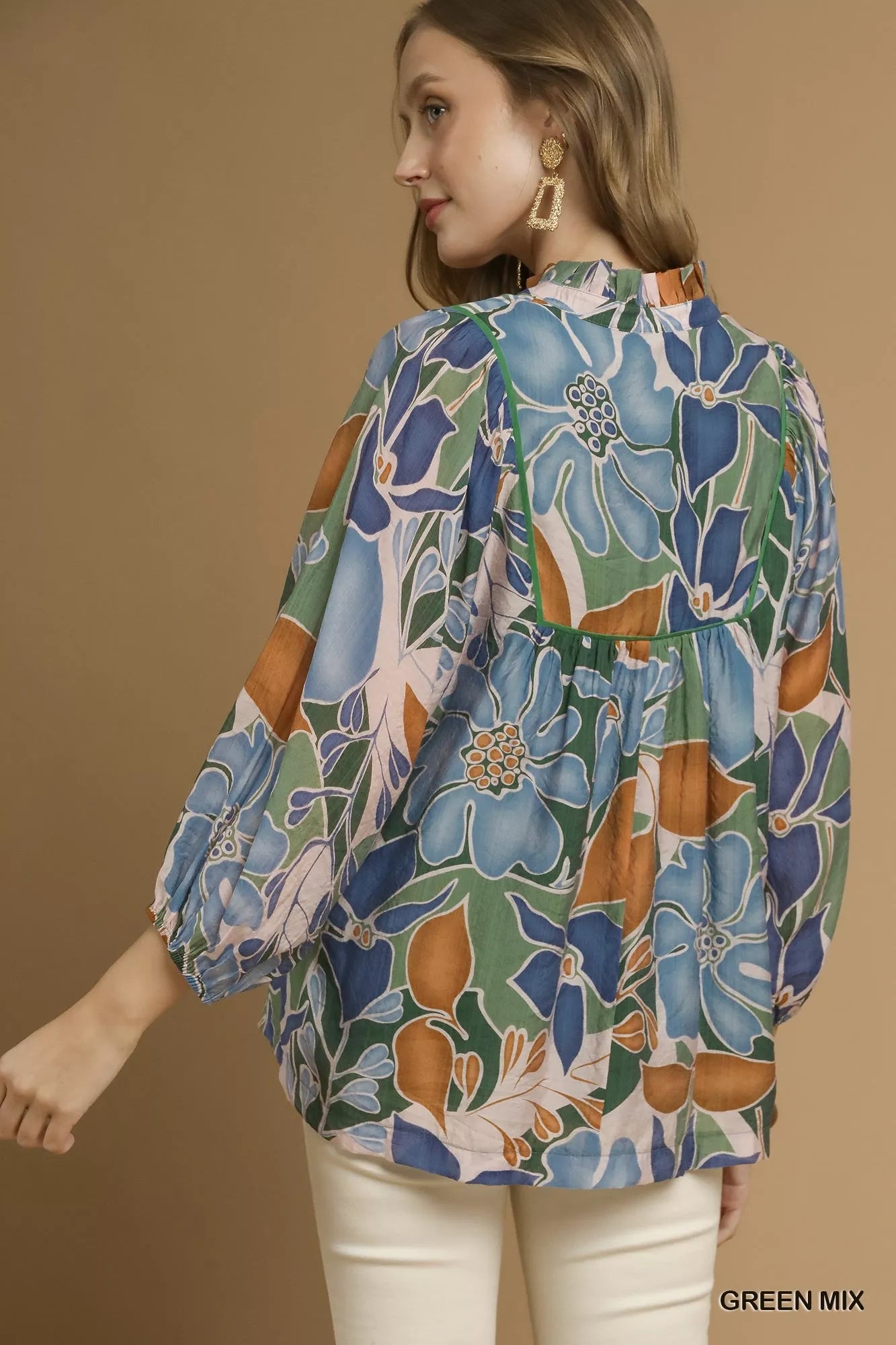 Umgee Blouse Green Floral Multicolor Abstract Print with Ruffle Neck Top