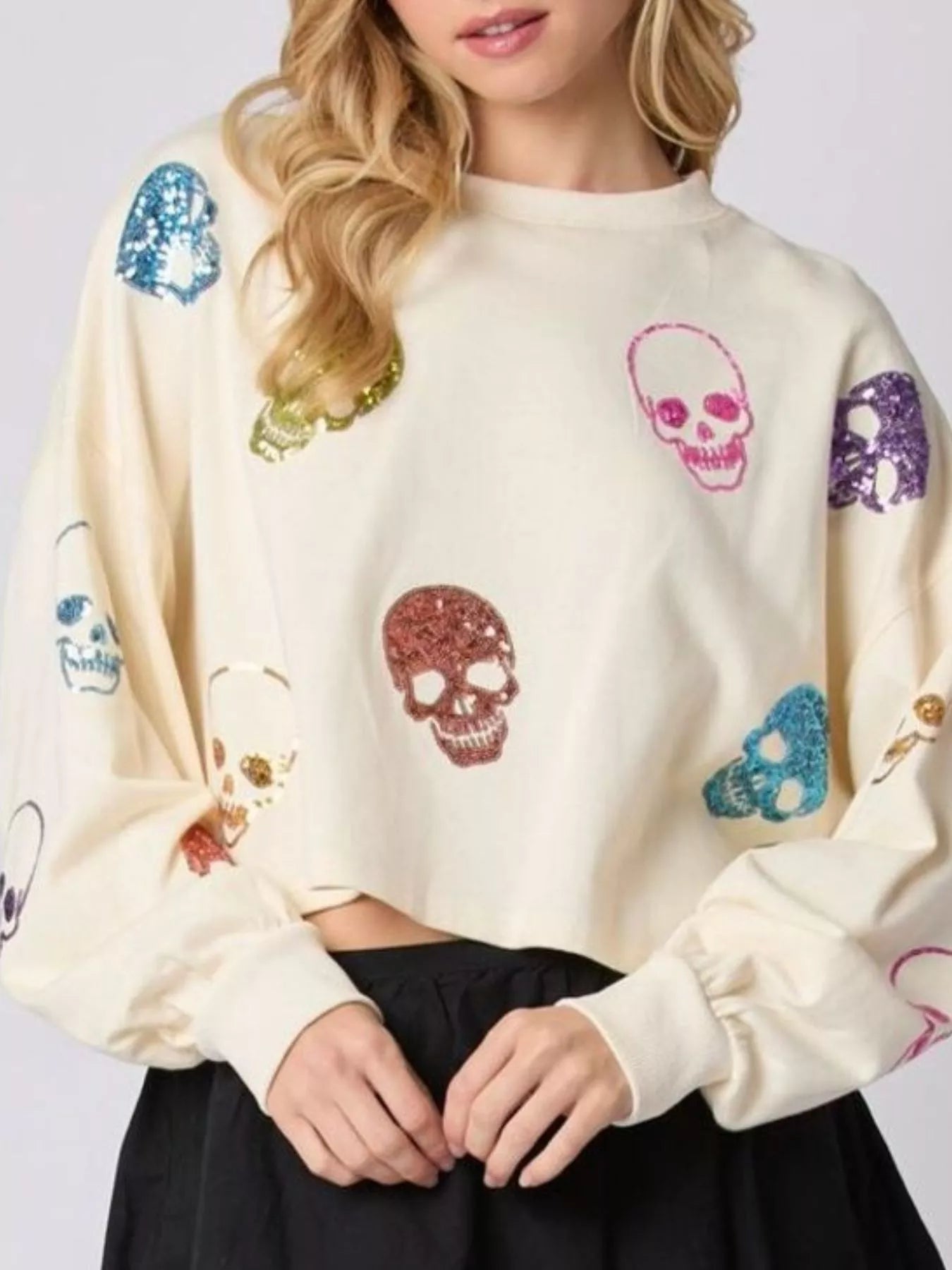 Women's Sweatshirt Sequin Skull Long Sleeve Pullover Ivory 00a76cba-19d3-4626-bcfa-dddb0a3f7614-Max-Origin Trendsi