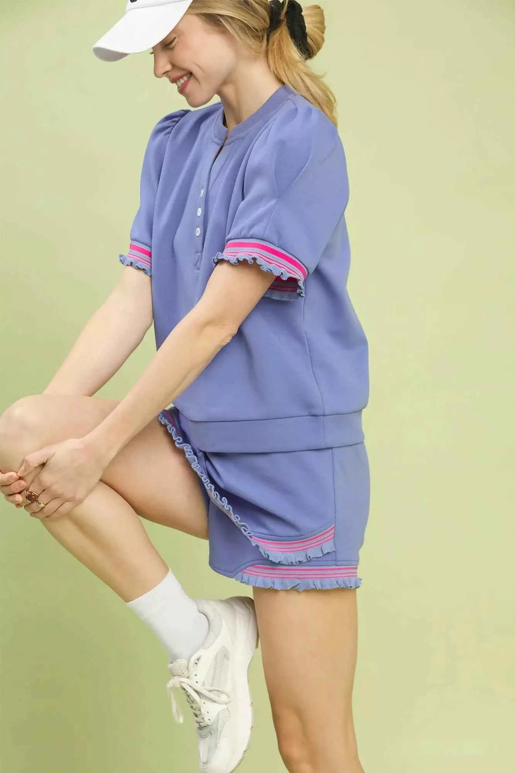 Umgee Puff Sleeve Button Front Top with Contrast Trim