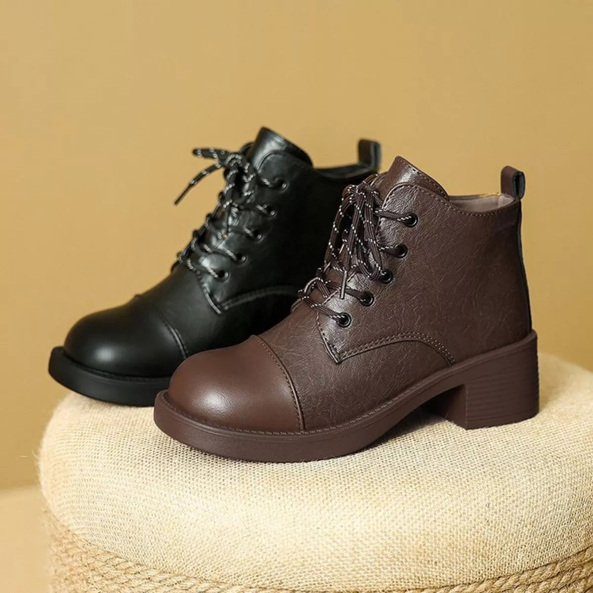 Women's Ankle Boots Pu Leather Round Toe Block Mid Heels Shoes 00c74738ec9843128692810ef9db74b9-Max-Origin Trendsi