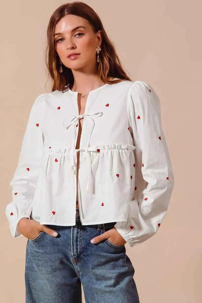SO ME Women Blouse Front Tie Heart Embroidered Top With Puff Long Sleeve IVORY 00c8dc0f2e2f4e29b778bd53ef01dd63-Max-Origin Trendsi