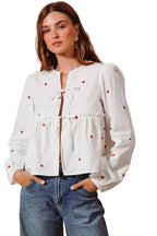 SO ME Women Blouse Front Tie Heart Embroidered Top With Puff Long Sleeve IVORY 00c8dc0f2e2f4e29b778bd53ef01dd63-Max-Origin Trendsi