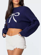 Women's Sweater Cropped Navy Blue Bow Round Neck Long Sleeve 00d8ea5f-b79c-4c64-a12e-0c8d6a707867-Max-Origin Trendsi