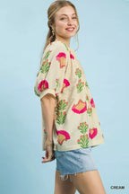Umgee Blouse Cream Multi Abstract Print Top with Ruched Detail 00ec2a5c-4aa1-4928-a7cc-9f2d50f54db5-Max-Origin Trendsi