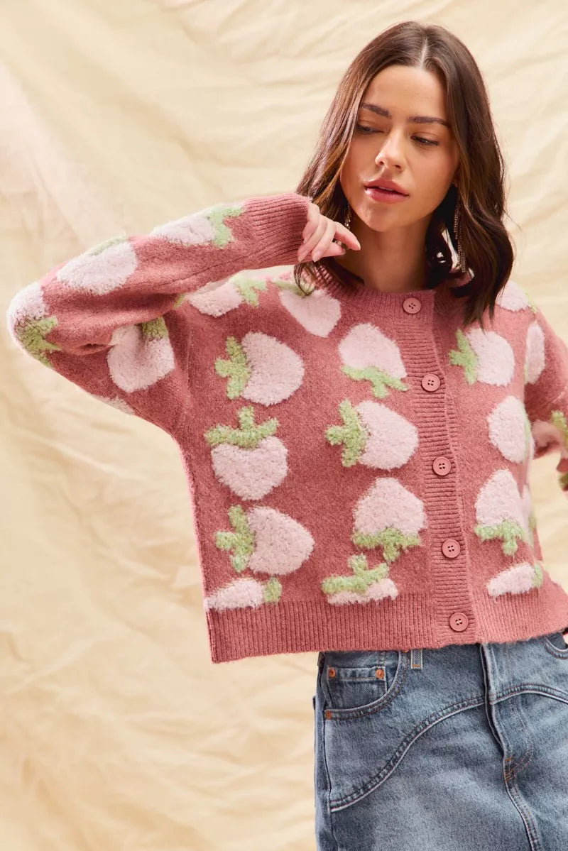 SO ME Womens Cardigan Strawberry Fruit All Over Button Sweater 00f227de3b1f4f3595c6d180321b335e-Max-Origin Trendsi