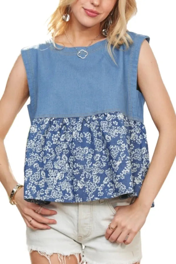 ADORA Denim Top Sleeveless Floral Contrast Blue Ruffle Blouse 00f77c4be9224e17824f0957d5336716-Max-Origin Trendsi