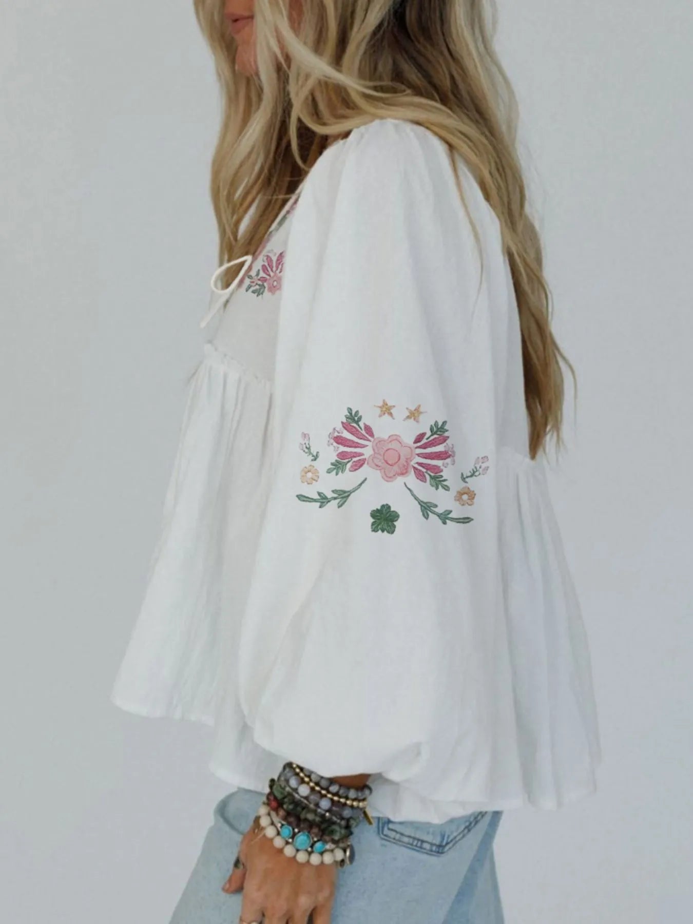 Women's Babydoll Blouse Flower Embroidered V Neck Tied White Long Sleeve Top 011acc01-7453-4c18-a512-d4100f51fa58-Max-Origin Trendsi