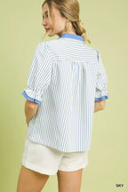 Umgee Womens Blouse Sky Blue Seersucker Stripe Ruffle Short Sleeve Top 011b90ef-5aba-49b5-9890-c7b0f9b54f6a-Max-Origin Trendsi