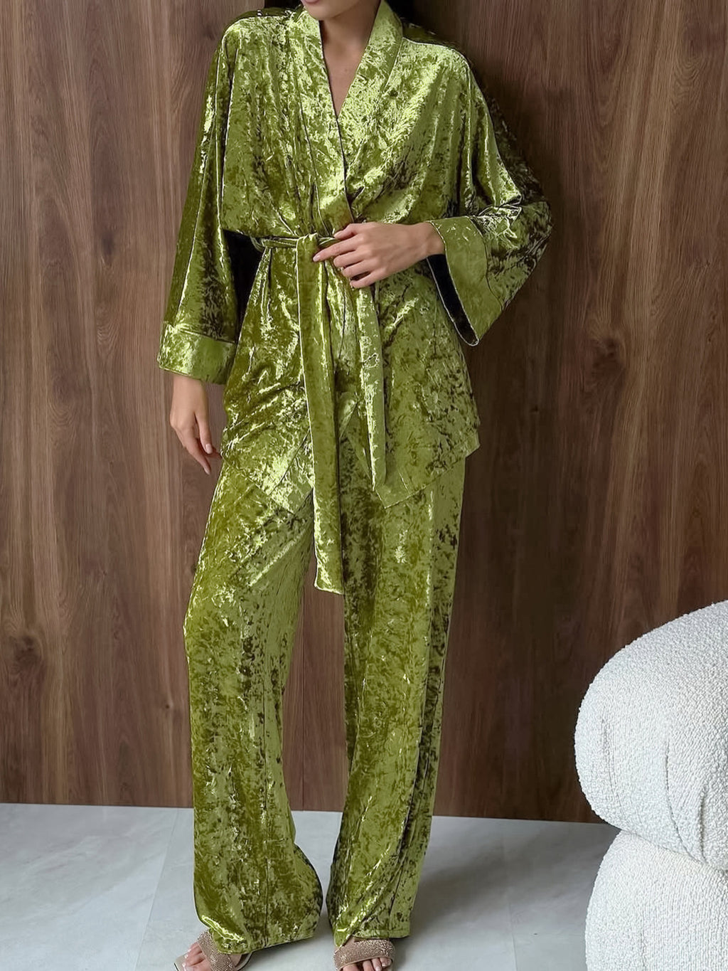 Velvet Tie-Waist Top and Pants Two-Piece Set
