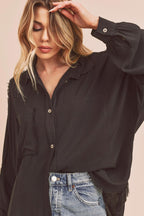 Aemi+Co Shirt Women's Raw Edge Exposed Seam Long Sleeve Cotton Black Blouse 012145de-f404-440c-8c4c-c324508477b6-Max Trendsi