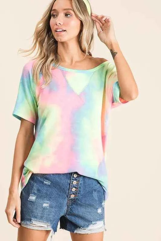 BiBi Women T-shirt Tie Dye Pastel Multi Color French Terry Print Top 0123d9d39ef94063af7cb73f194e1393-Max-Origin Trendsi