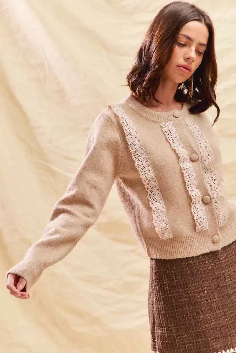 SO ME Women Cardigan Sweater Beige Knit Front Lace Trim Button Lonf Sleeve 01271dbd055448a7be0631b3a6c13698-Max-Origin Trendsi