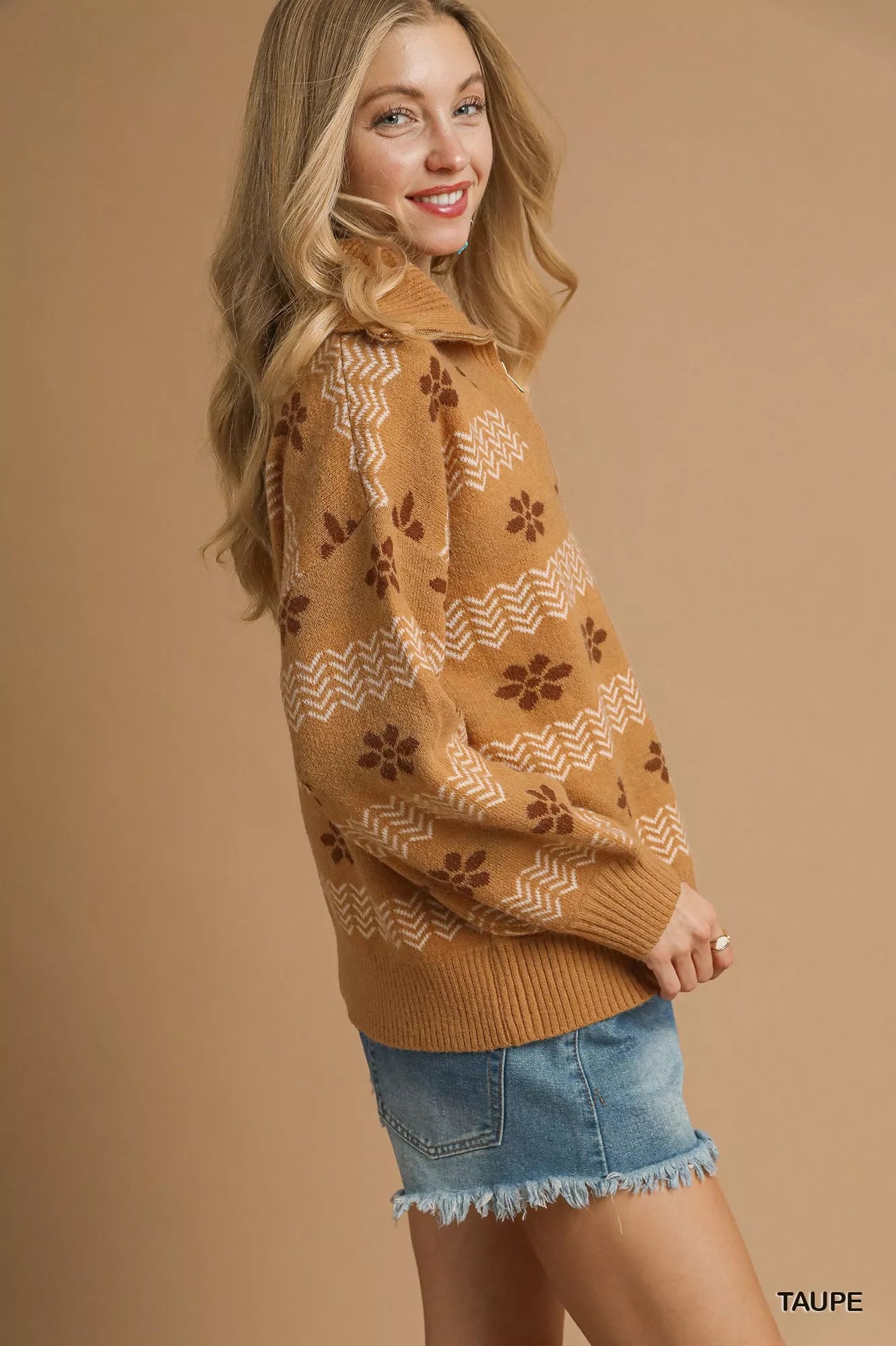 Umgee Womens Sweater Floral Patterned Jacquard Taupe Quarter-Zip Pullover 01286337-f93f-42eb-939e-14ccbfc4a0f2-Max-Origin Trendsi