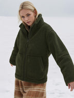 Turtleneck Plush Jacket Women Zip Up Long Sleeve Outer Double Pockets Coat Dark Green 012b34ae-fac3-4ec9-aa7c-50cf5e728b86-Max Trendsi