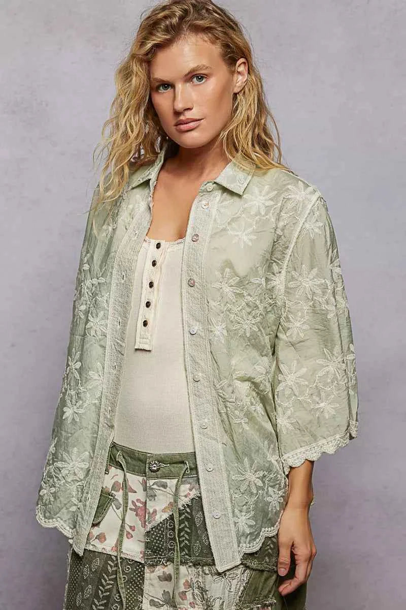 POL Shirt Sage Embroidered Floral Collared Neck with Scalloped Edges Top SAGE One Size 012f298d-da6c-4ed1-bbba-2607503cf9b6-Max-Origin Trendsi
