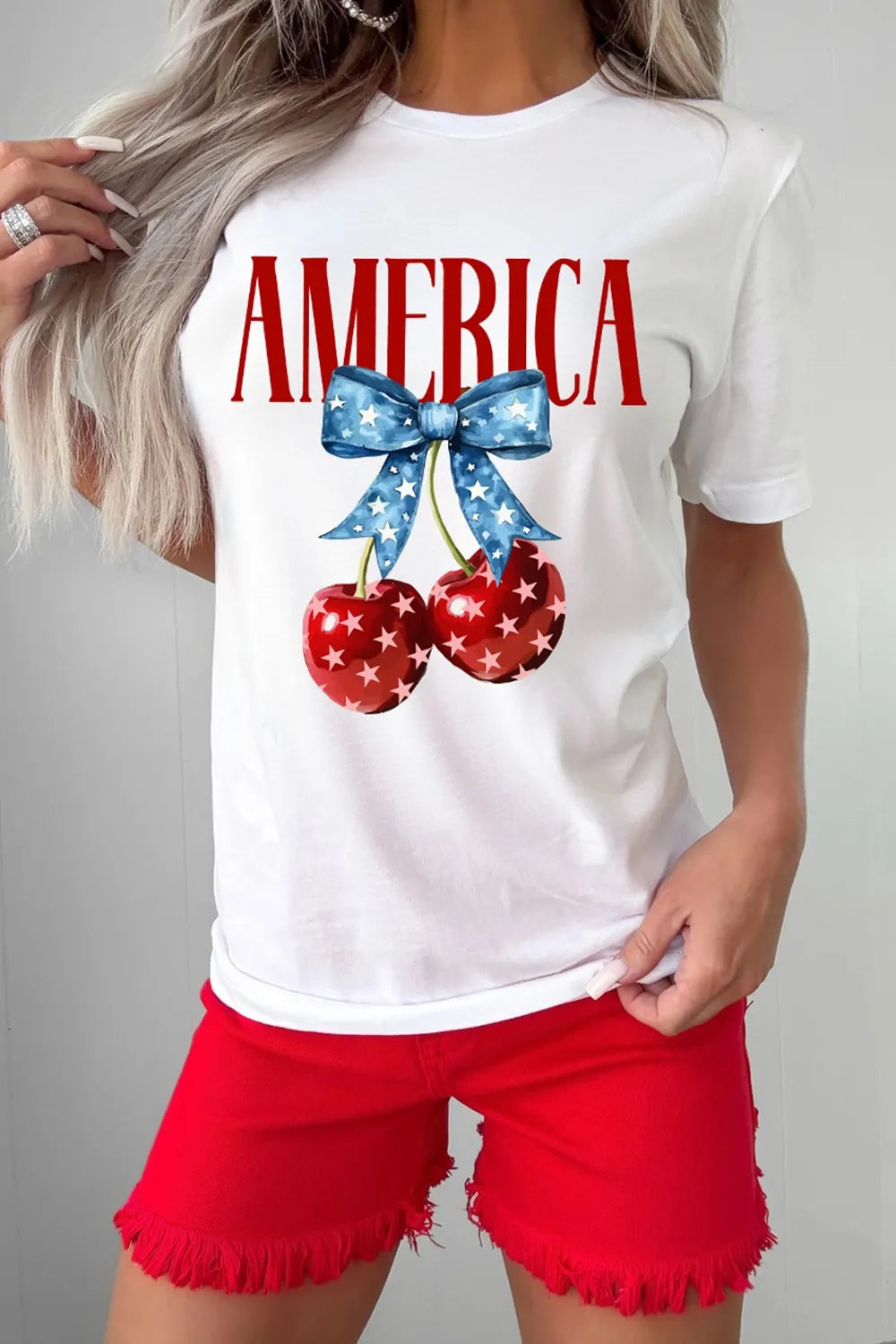 Women's T Shirt AMERICA Bow Cherry Crewneck Short Sleeve White Top 012f73b4-5916-4e20-9302-191a7efcbe20-Max-Origin Trendsi