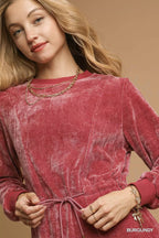Umgee Mini Dress Velour Burgundy Long Sleeves Drawstring Waist 0132fa96-21cf-474a-a74d-37d548165cef-Max-Origin Trendsi