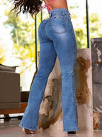 Women's Flared Jeans Slim High Waisted Medium Washed Denim Pants 0137679f-d4d7-43bd-99fd-899b0d5f1049-Min Trendsi