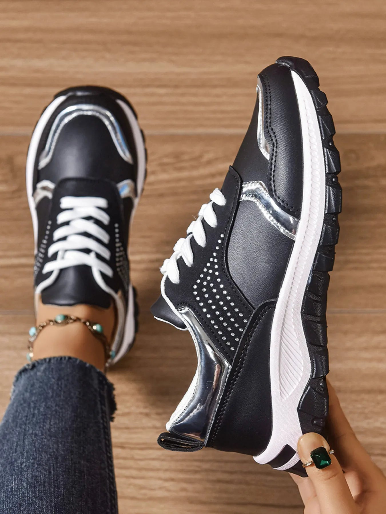 Women's Sneakers Pu Leather Rhinestone Lace Up Round Toe Low Heels Shoes Black 014312b46fea45ed8778a944e00134fd-Max-Origin Trendsi