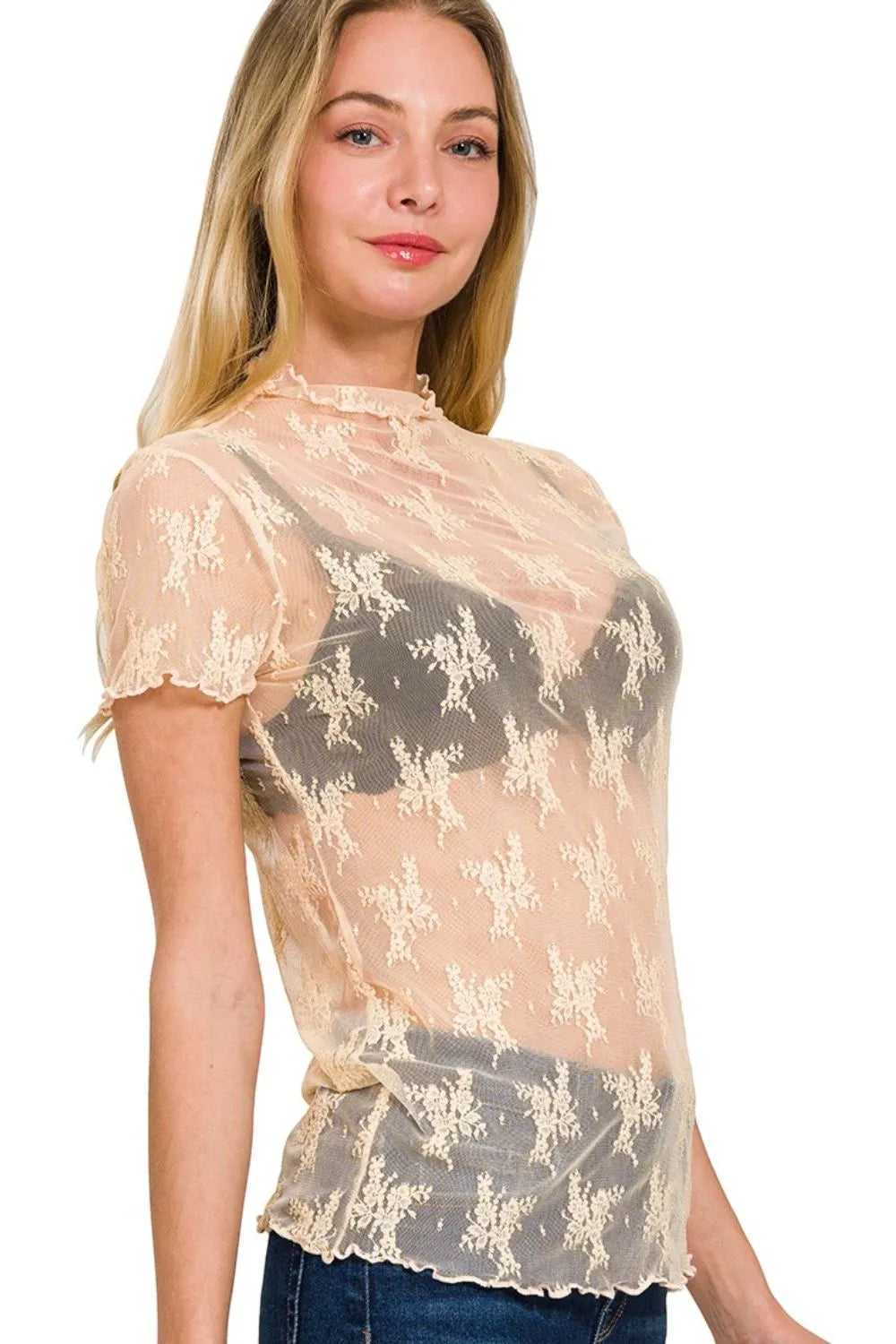 Zenana Lace Blouse Floral See-through Layering Short Sleeve Top 014959e5-e6de-451b-917e-f8de362aac09-Max-Origin Trendsi